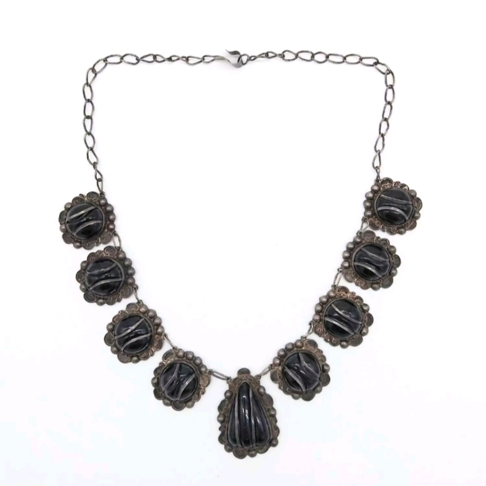 Mexico Sterling Silver Necklace Black Onyx Filigree Statement Vintage Unique EUC